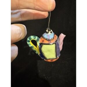 Vintage Hand painted signed numbered Fun colorful teapot ornament  Ceramic